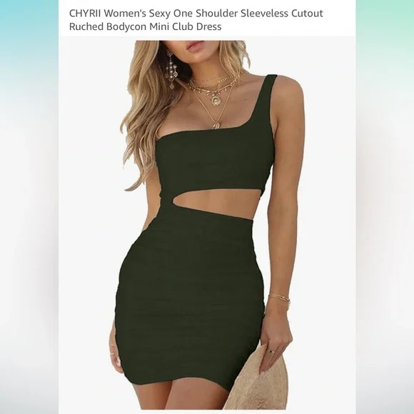 Olive Green One Shoulder Sleeveless Cutout Ruched Bodycon Mini Club Dress - XL 💚 - Picture 4 of 12